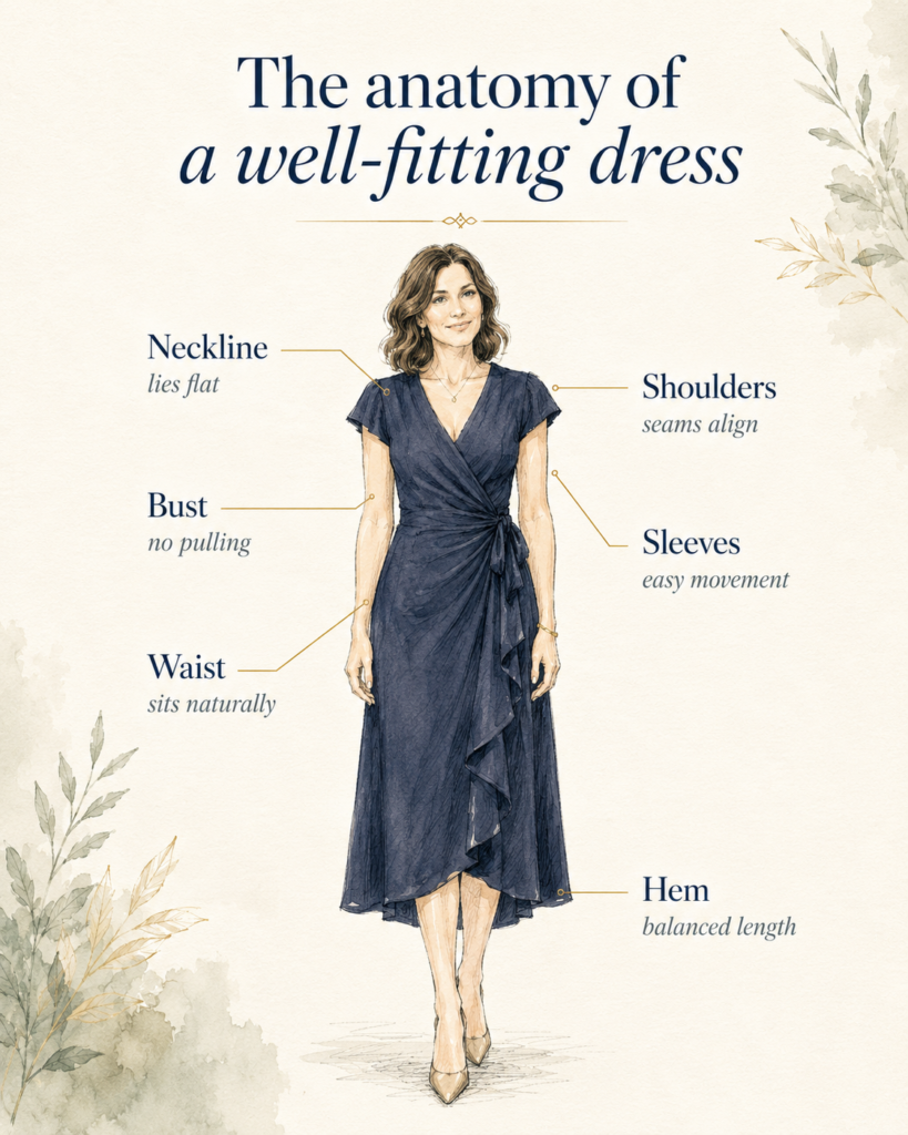 Anatomy of a well-fitting women's dress showing neckline, shoulders, bust, sleeves, waist and hem