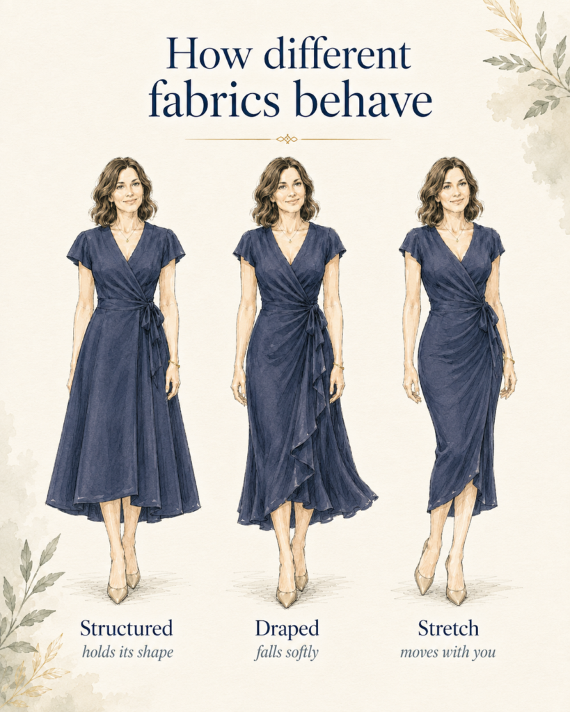 Comparison of structured, draped and stretch dress fabrics and how they fall on the body