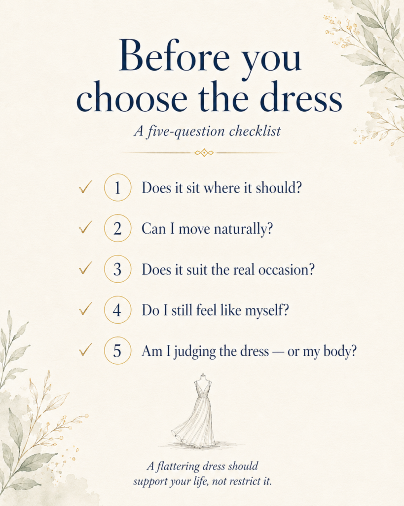 Five questions to ask before choosing a dress, including fit, movement, occasion and personal style