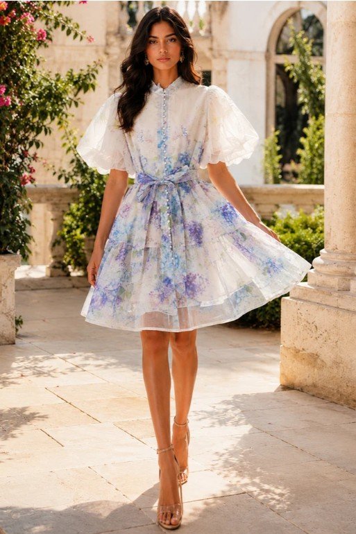 Florielle blue and lilac floral midi dress in Melbourne