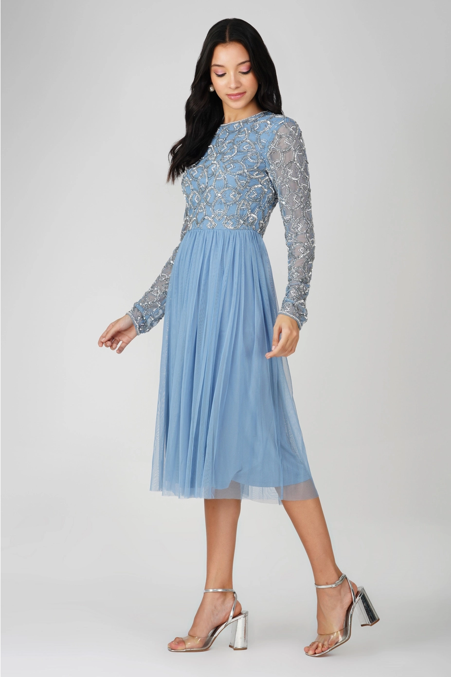 Hand-Embellished Powder Blue Midi Dress