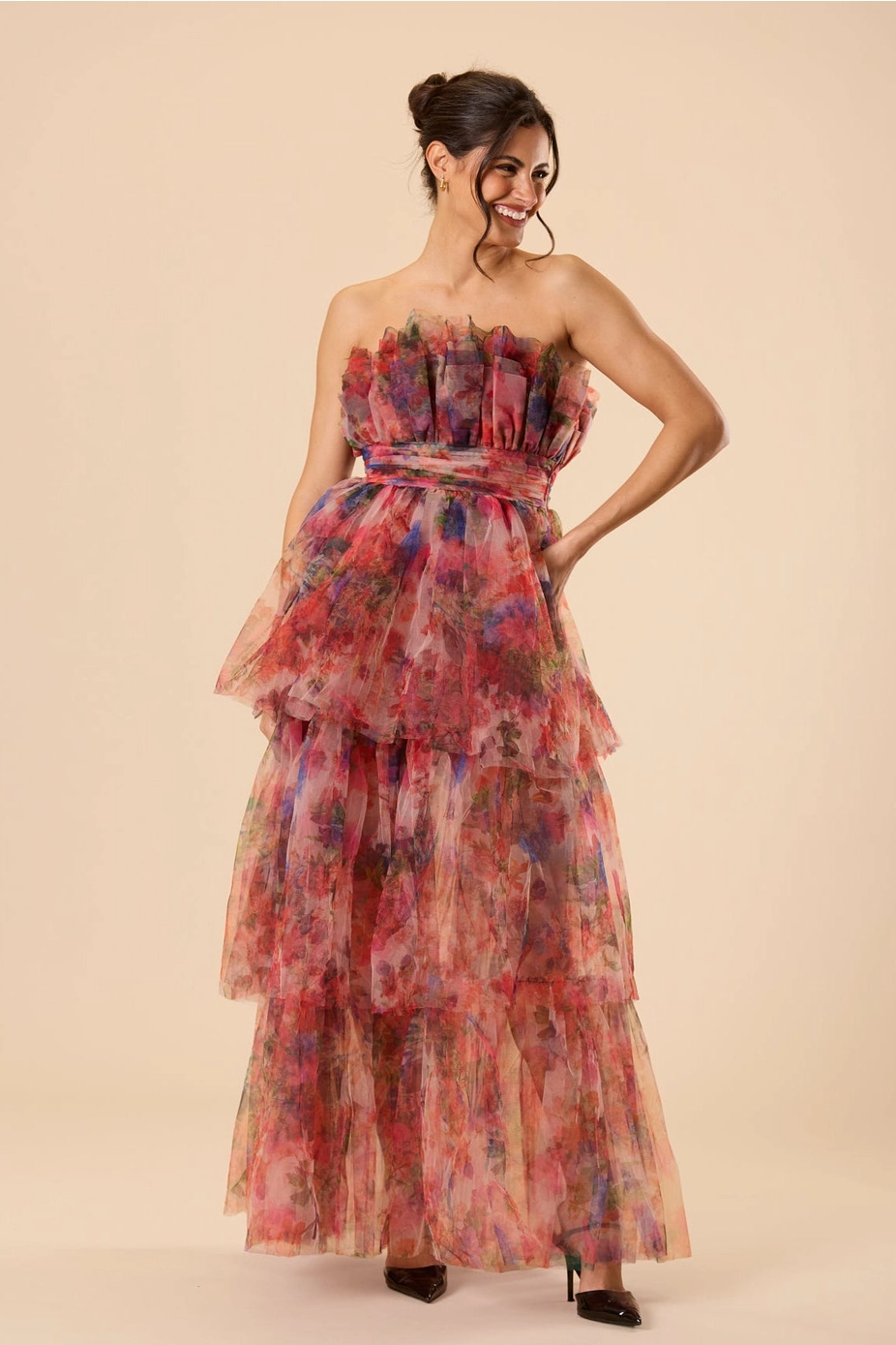 Strapless Tiered Floral Tulle Maxi Dress