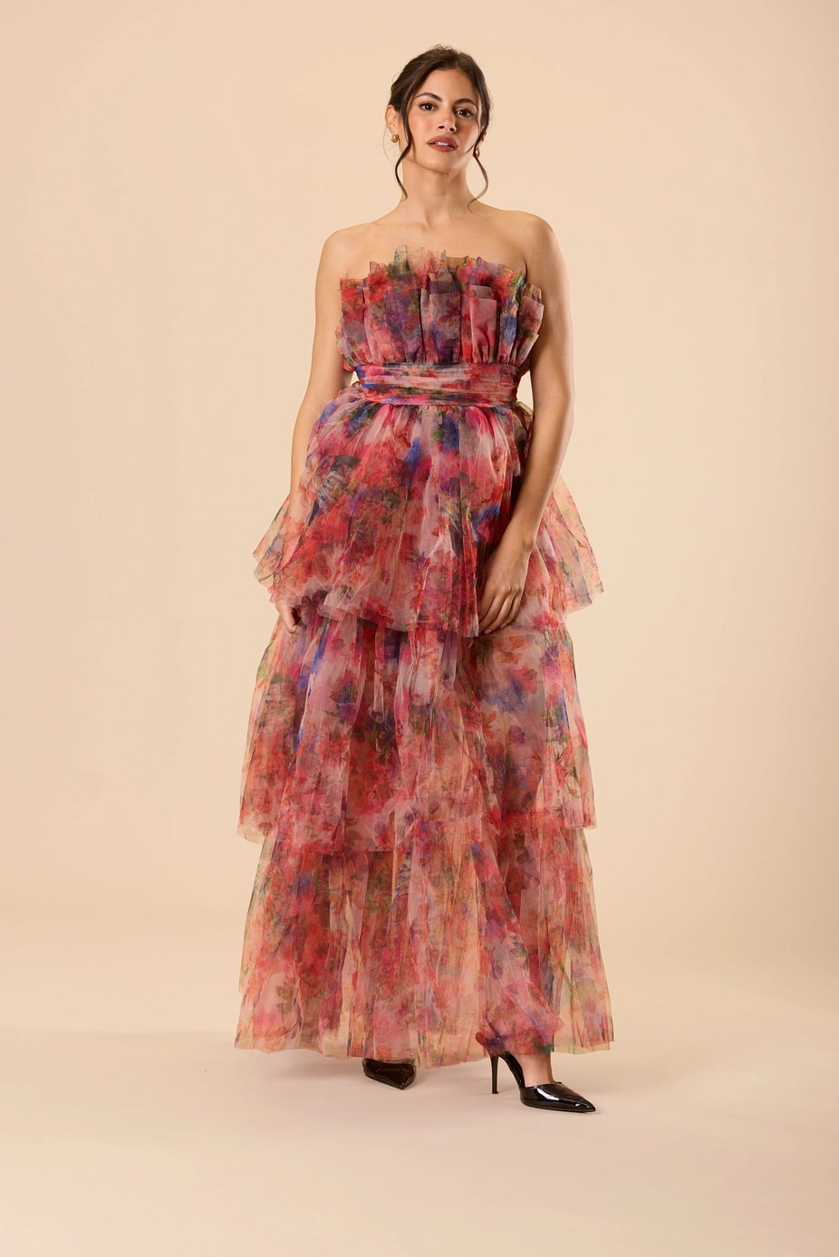 Strapless Tiered Floral Tulle Maxi Dress
