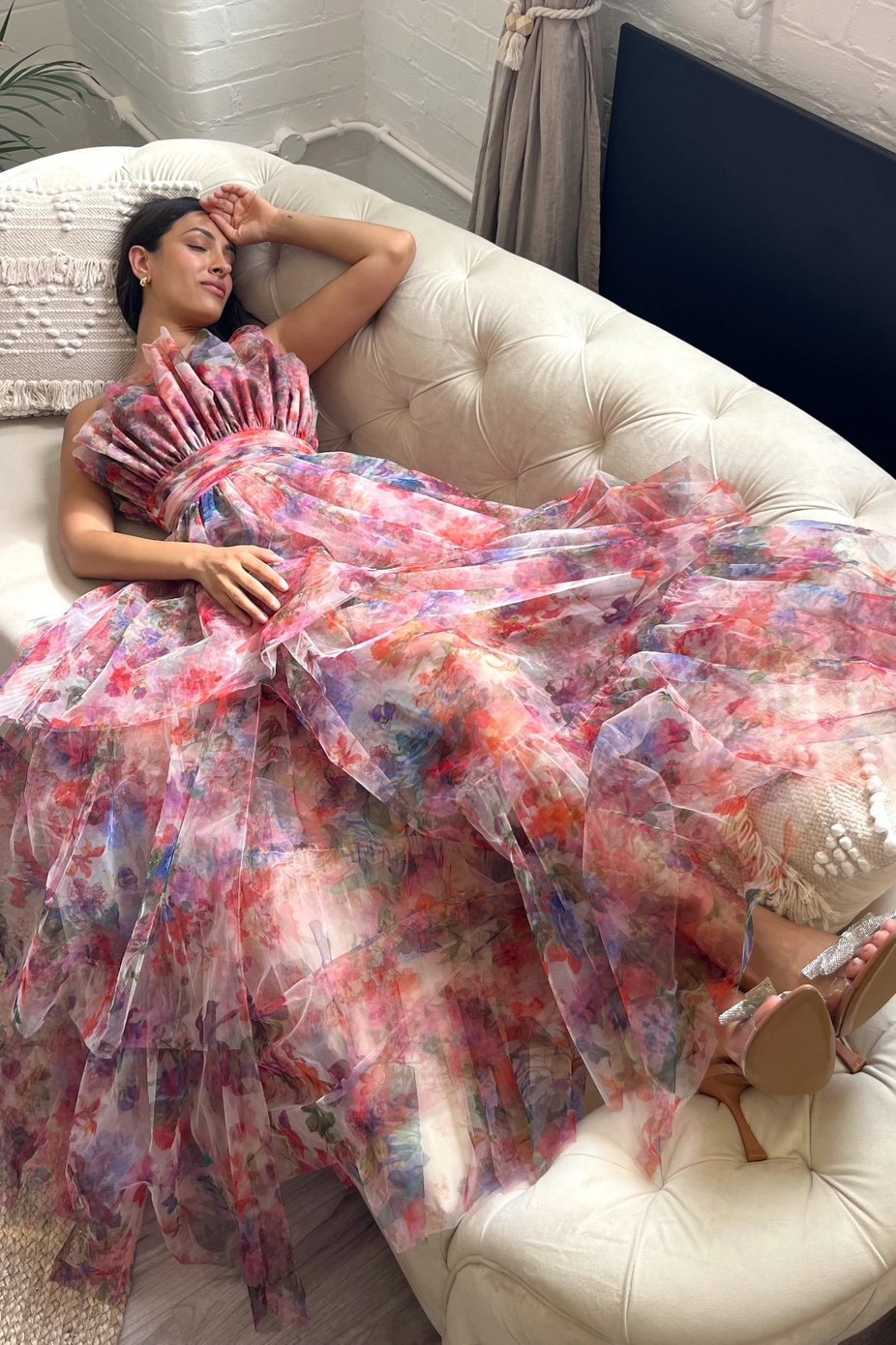 Strapless Tiered Floral Tulle Maxi Dress