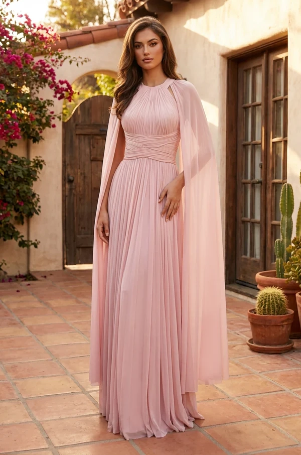 A graceful blush maxi dress featuring delicate all-over pleating, a refined high neckline and dramatic floor-length chiffon cape sleeves. The crisscross ruched waist beautifully defines the silhouette, while the flowing skirt creates an elegant, ethereal finish—perfect for weddings, galas and formal evening occasions.