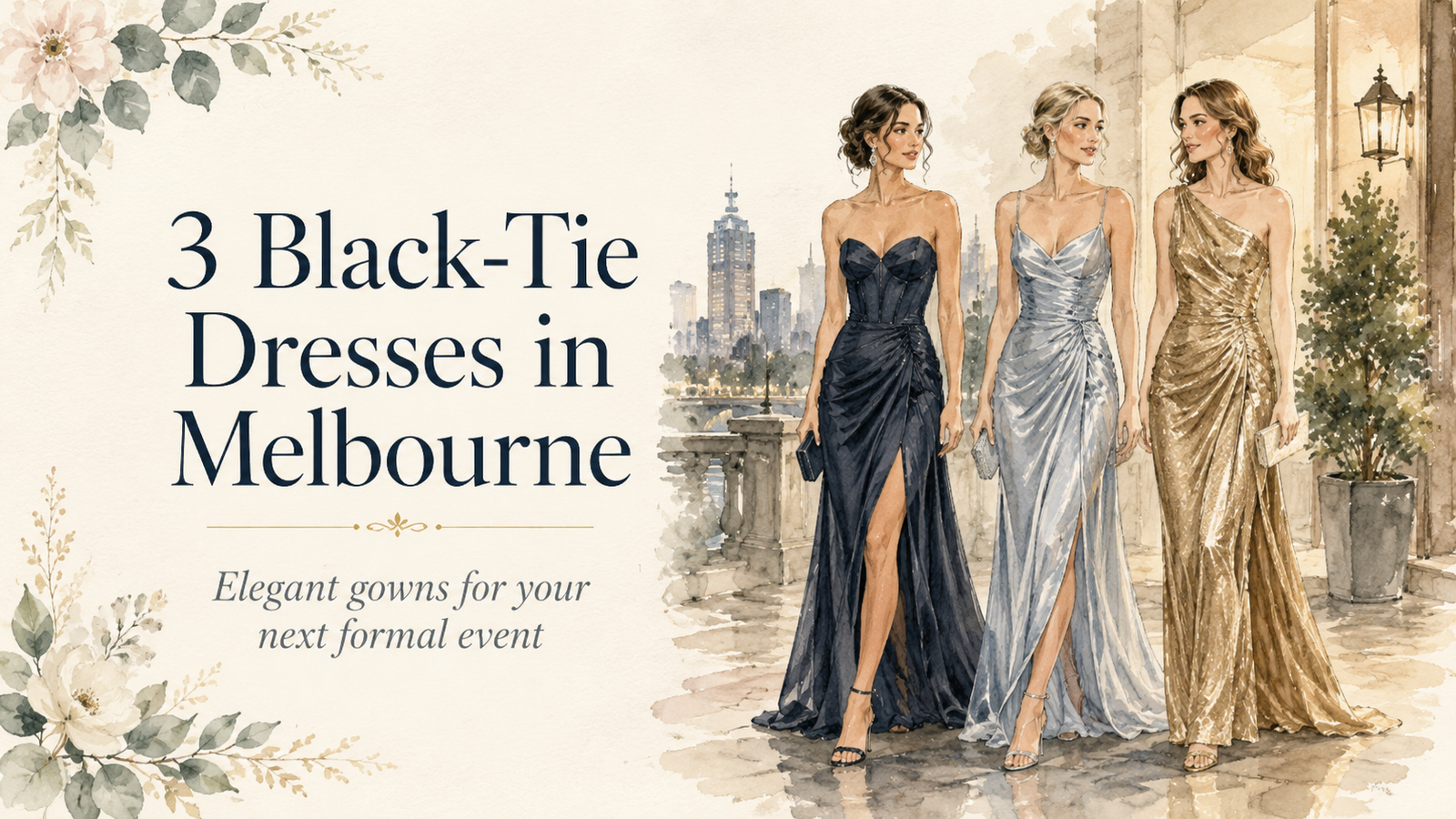 Three elegant black-tie dresses in navy, silver-blue and gold in Melbourne