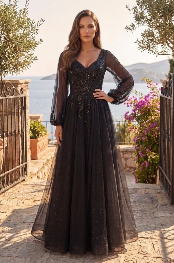 A refined floor-length gown featuring a beautifully beaded V-neck bodice, sheer long sleeves and a softly flowing A-line skirt. Delicate glitter tulle and radiating beadwork add subtle sparkle, creating an elegant silhouette ideal for weddings, formal celebrations and evening occasions.
