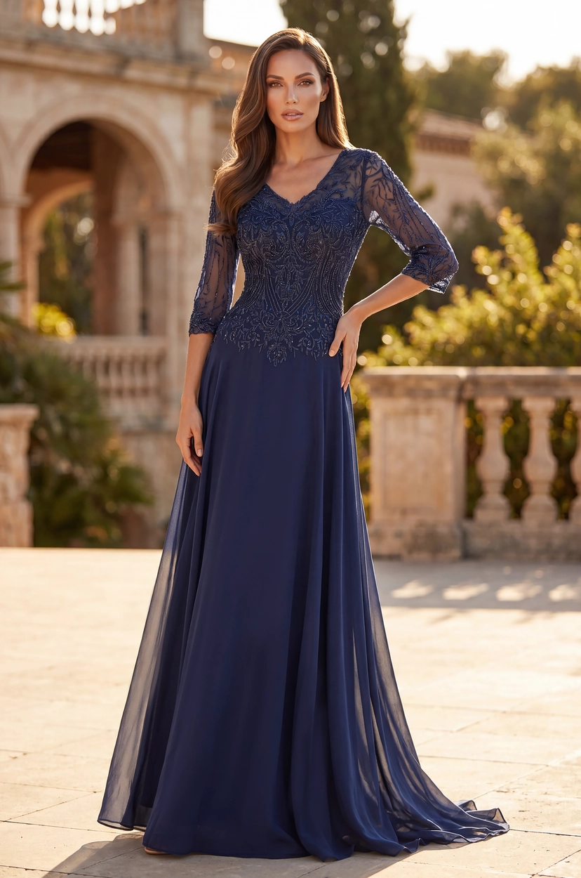 A timeless navy maxi dress featuring an intricately embroidered bodice, elegant V-neckline and sheer three-quarter sleeves. The fitted bodice flows into a graceful chiffon A-line skirt, creating a refined silhouette perfect for weddings, galas and formal evening occasions.