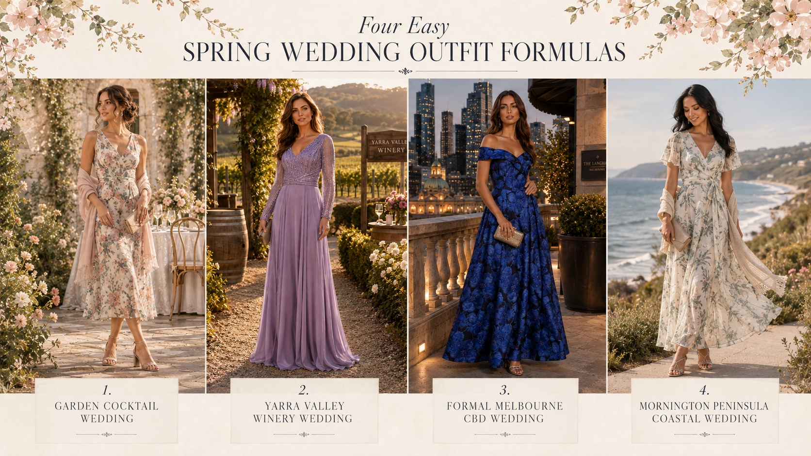 Spring wedding guest outfit ideas for Melbourne garden winery city and coastal weddings