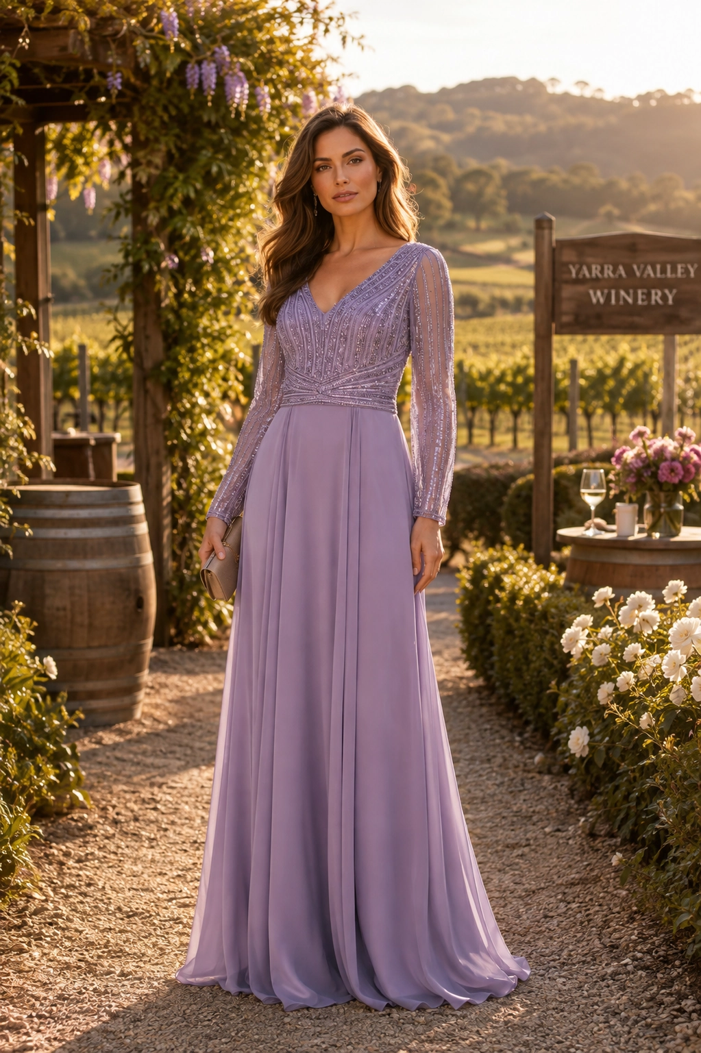 Amethyst spring wedding guest dress for a Melbourne garden or winery wedding