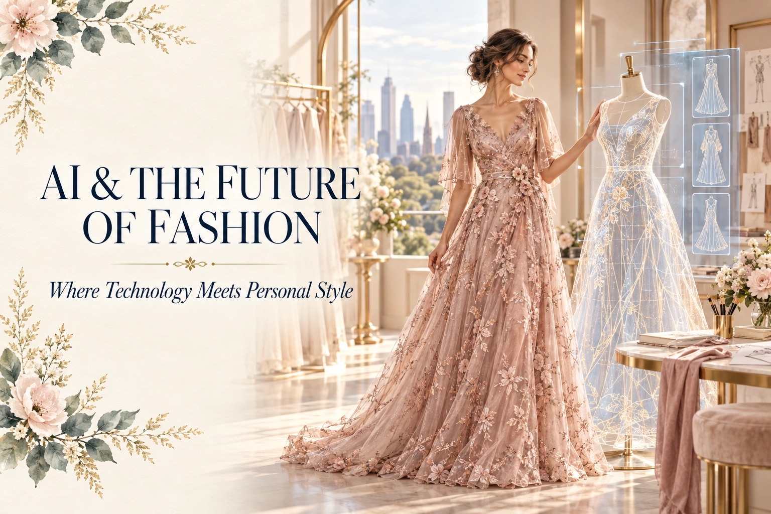 Woman in an elegant occasion gown beside an AI-assisted digital dress design in a luxury Melbourne fashion atelier