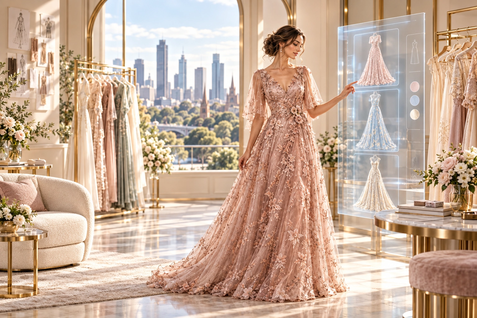 Woman exploring AI-powered virtual dress options in an elegant fashion showroom.