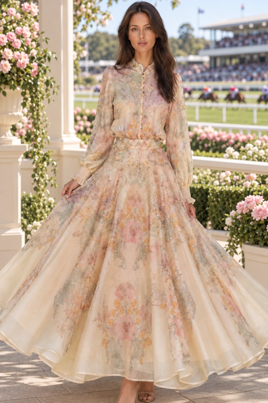 Pastel floral Oaks Day dress at a Melbourne racecourse